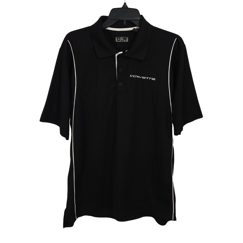 BAW Athletic Wear Corvette Polo Shirt Mens Large Black White Embroidered Logo